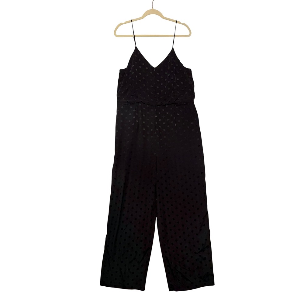 Anthropologie The Essential Jumpsuit Black Polka Dot Wide Leg V-Neck Size 14